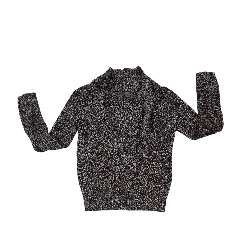 Day Trip brown white woven long sleeved open neck knit sweater, side button, M.